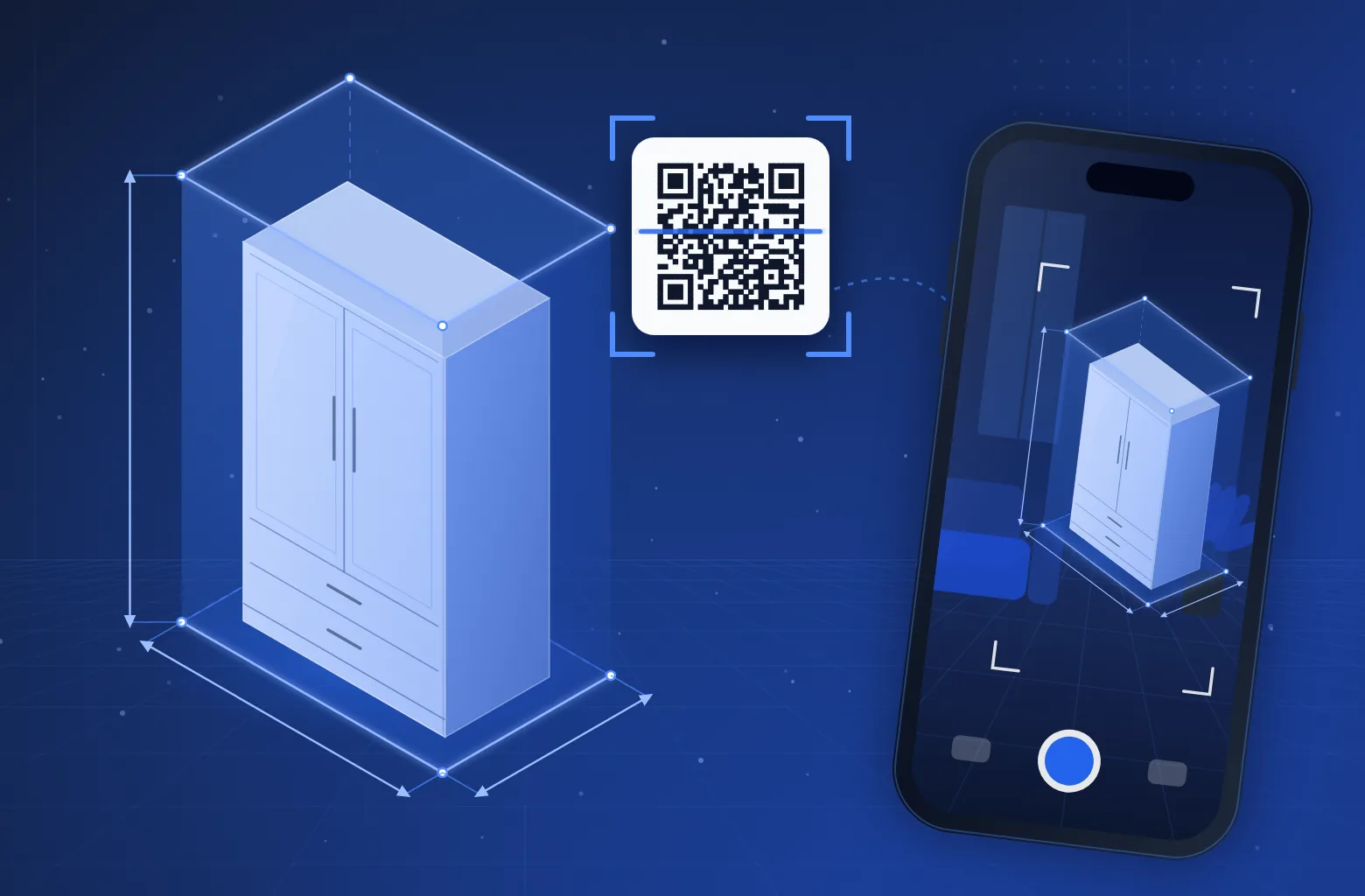 Armário dentro de um cubo com medidas, QR Code e celular mostrando o mesmo cubo em realidade aumentada